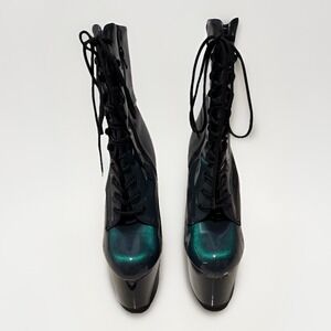 Pleaser 7" Emerald Green Black Patent Platform Lace Up Ankle Boots Size 9